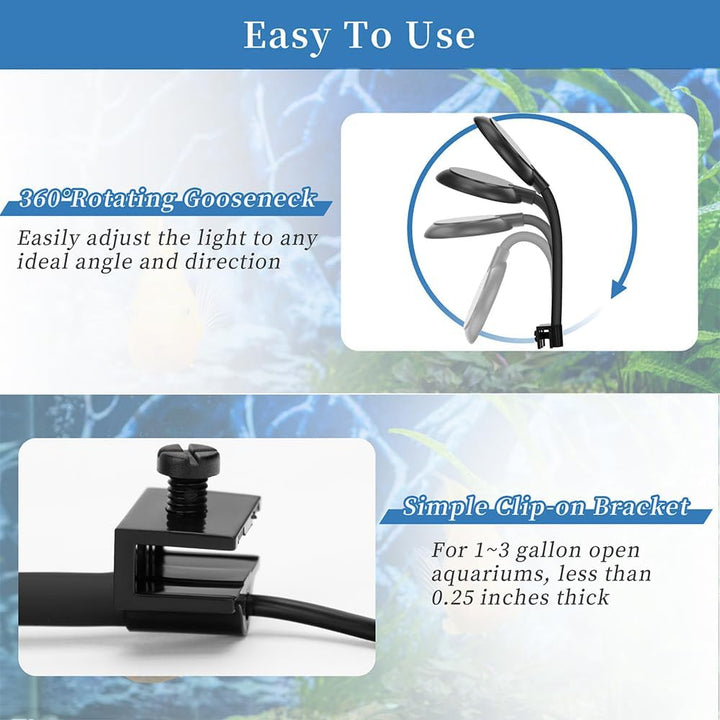 Mini Clip on Aquarium Light 7W Dimmable Small Fish Tank Light USB Moving Lamp with White Red Blue Green LED for 1 to 3 Gallon Tanks