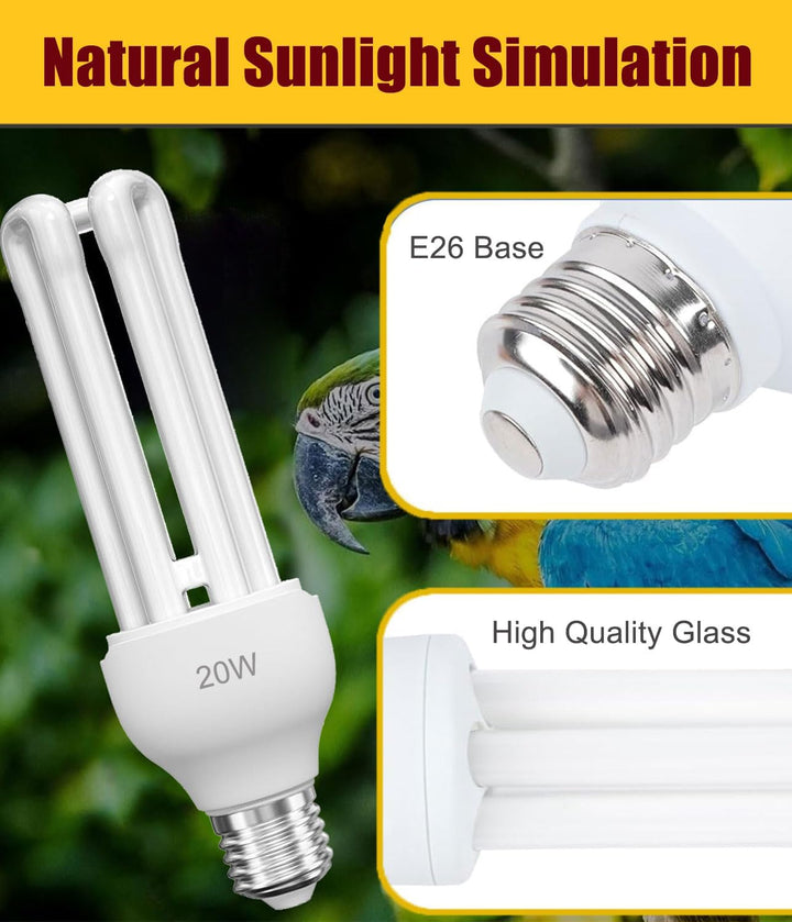 2 Pack E26 UVA UVB Light Bulb for Birds 2.4 UVB 20W Compact Flourescent Lamp for All Kinds Captive Birds, Natural Sunlight Simulation Bird Parrot Light Bulb