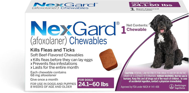 ® (Afoxolaner) Flea and Tick Protection for Dogs Oral Soft Beef Flavored Chewables, 24.1 to 60 Lbs. (Purple Box) 6 Chews (6 Month Supply)