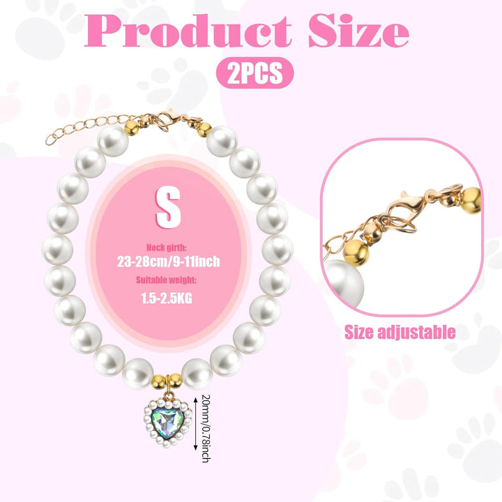 2 Pcs Adjustable Cat Dog Pet Pearl Collar Small Heart Shape Jewelry Necklace Adjustable Neck Strap Wedding Birthday Party Jewelry Accessories Fancy Pet Dress Collar for Puppy Small Cats