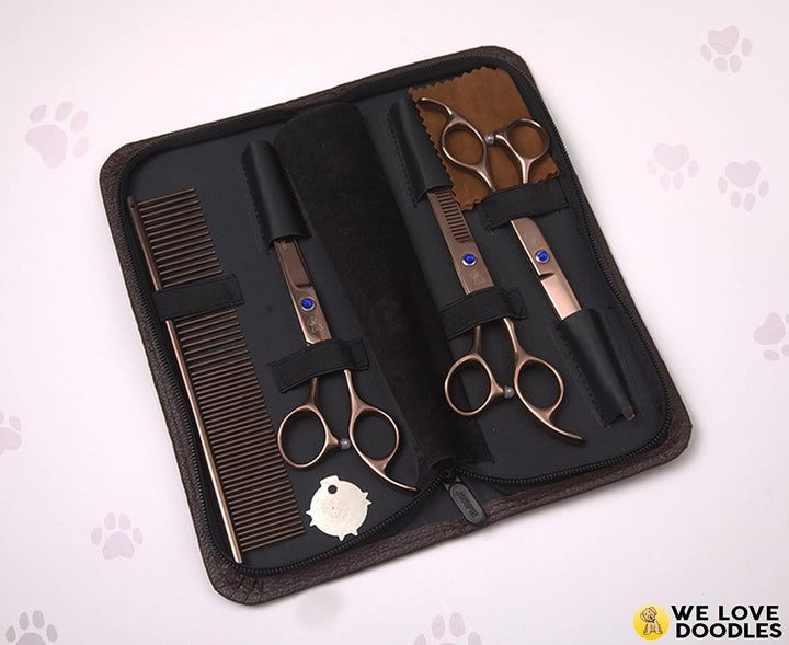 Dog Grooming Scissors Kit - Best Tools for Goldendoodles, Poodles & Doodles - Straight, Curved & Thinning Shears - Golden Doodle Grooming Kit - Professional Grade Steel, 4 Pc Set []