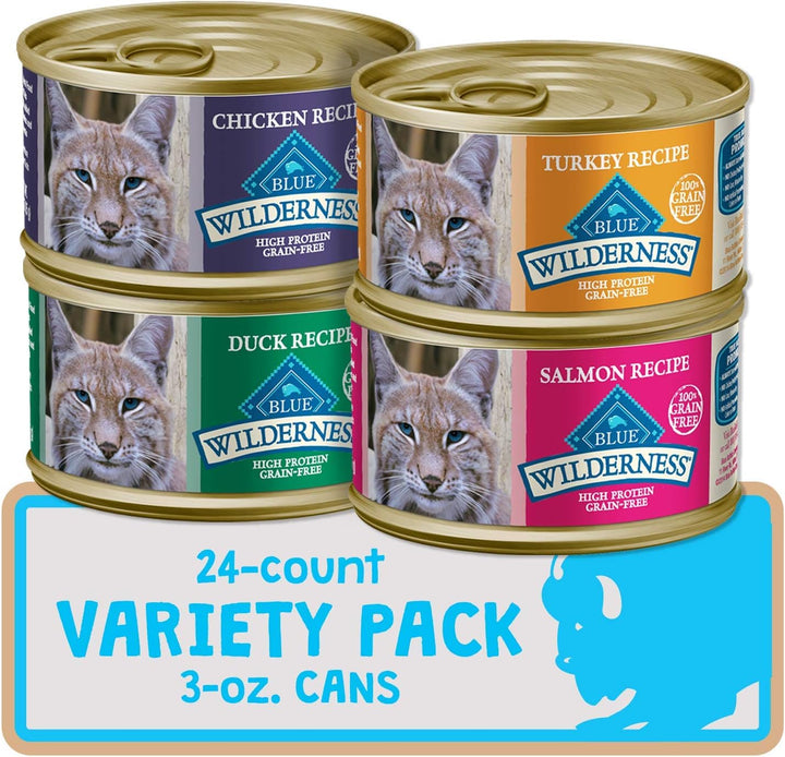 Wilderness High Protein, Natural Adult Pate Wet Cat Food Variety Pack, Chicken, Salmon, Duck 3-Oz Cans (12 Count- 4 of Each Flavor)