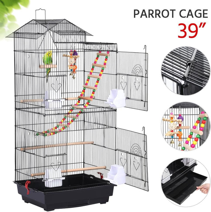 39-Inch Roof Top Large Flight Parrot Bird Cage for Small Quaker Parrot Cockatiel Sun Parakeet Green Cheek Conure Budgie Finch Lovebird Canary Pet Bird Cage W/Toys
