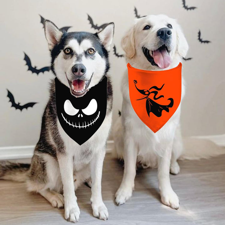 Halloween Dog Bandanas 2 Pack, Zero Dog and Jack Face Print Bibs for Boy and Girl, Nightmare before Christmas Triangle Fall Pet Scarf, Premium Durable Fabric, Adjustable Fit (Halloween-1, Large)