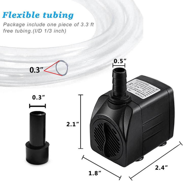 Small Fountain Pump, 160GPH Ultra Quiet Submersible Water Pump (600L/H, 10W) with 3.3 Ft Tubing for Aquariums, Fish Tank, Pond Fountain, Statuary, Water Feature, Indoor Fountains