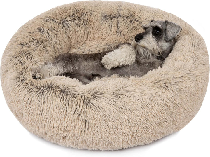 Donut Dog Bed Faux Fur Fluffy Calming Sofa for Medium Dogs, Soft & Plush anti Anxiety Pet Couch for Dogs, Machine Washable Coco Pet Bed with Non-Slip Bottom, 30"X30"X7" Ivory