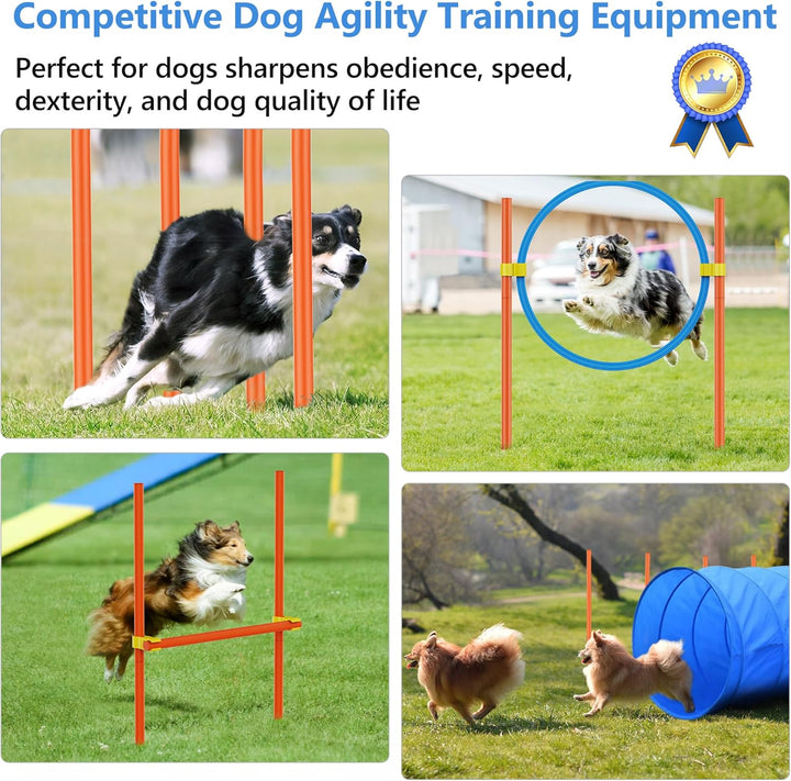 Dog Agility Course Backyard Set, Dog Obstacle Course Training Starter Kit Pet Outdoor Game with Tunnel, Agility Hurdle, Weave Poles, Jump Ring, Pause Box, Collapsible Dog Bowls and Storage Bag