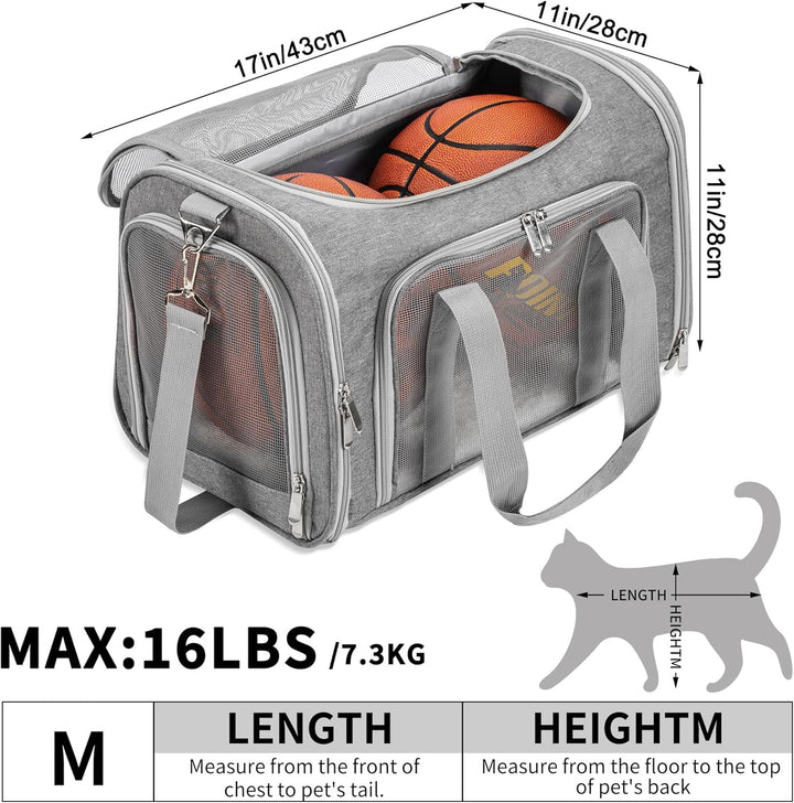 Soft-Sided Cat/Dog/Pet Carrier, Collapsible Pets Travel Carriers for Big Cats/Small Dogs with Shoulder Strap & Removable Mat, Mesh Puppy Carry Bag, up to 16 Lbs, TSA Airline Approved(Gray)