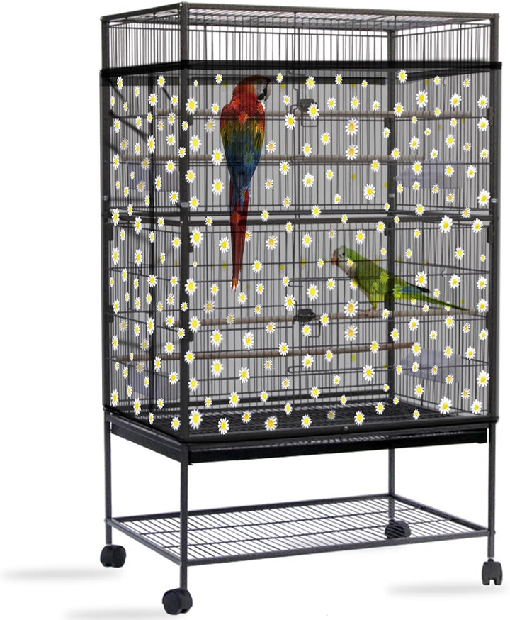 Bird Cage Seed Catcher, Large Bird Cage Cover, Adjustable Soft Airy Nylon Mesh Net, Birdcage Cover Skirt Seed Guard for Parrot Parakeet Macaw African round Square Cages (Black)