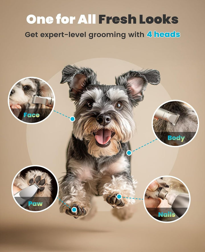 4 in 1 Dog Grooming Kit with LCD Display, Dog Hair Trimmer for Paw Nail Grinder, Rechargeable Cordless Low Noise IPX7 Waterproof Pet Clippers