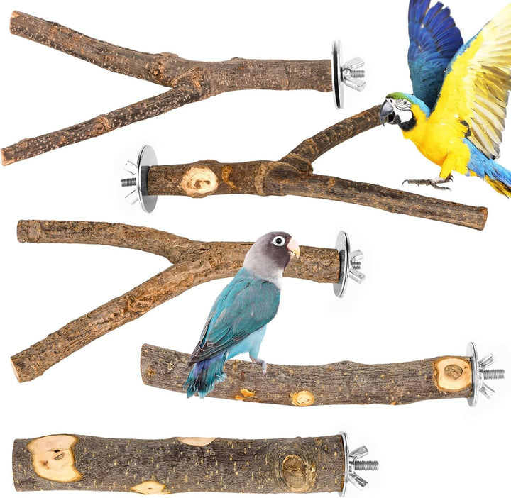 Natural Wood Bird Perches for Cage, Parrot Perch Stand & Platform, Bird Cage Accessories for Parakeets, Cockatiels, Conures, Lovebirds (Brown, Core Perch & Platform - 8PCS)