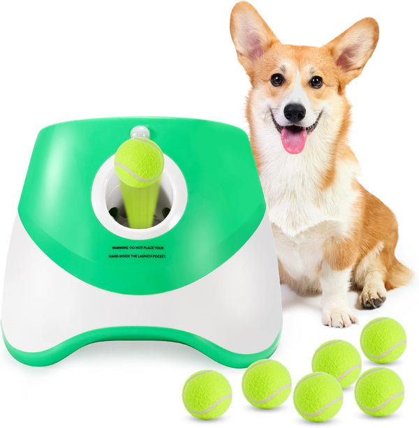 Dog Ball Thrower Launcher, Automatic Launcher with 6 Mini Tennis Balls, Interactive Dog Toys Indoor Outdoor Ball Thrower Machine for Small Dogs with 3 Distance Settings