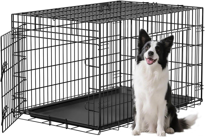 Dog Crate for Small Dogs 24 Inch Folding Metal Wirepet Cage Double Door W/Divider Panel Indoor Outdoor Kennel Leak-Proof Plastic Tray,Black
