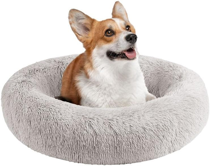 Donut Dog Bed Faux Fur Fluffy Calming Sofa for Medium Dogs, Soft & Plush anti Anxiety Pet Couch for Dogs, Machine Washable Coco Pet Bed with Non-Slip Bottom, 30"X30"X7" Ivory