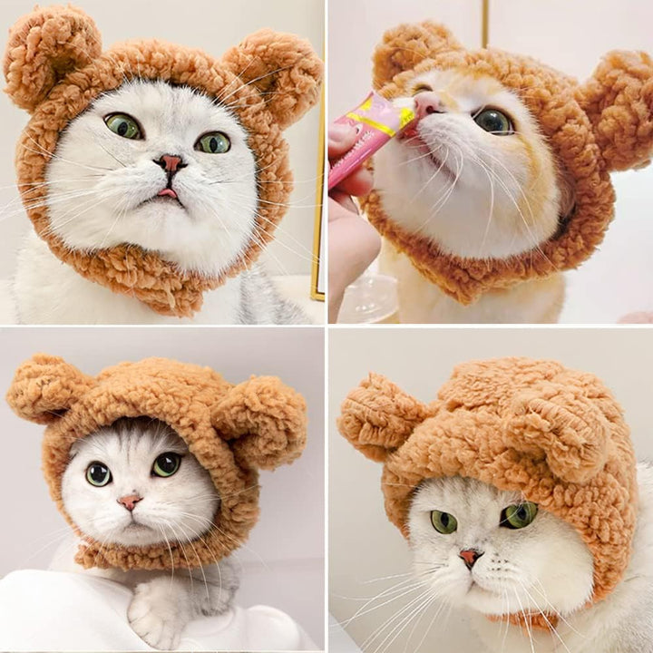 Cute Cat Costume Warm Bear Hat Adjustable Soft Small Pet Headwear for Puppy Dog (Brown)