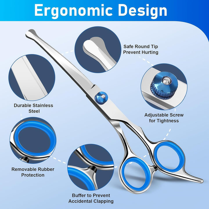 Professional 4 in 1 Dog Grooming Scissors Kit with Safety round Tips, Sharp and Durable Pet Grooming Shears for Dogs and Cats.