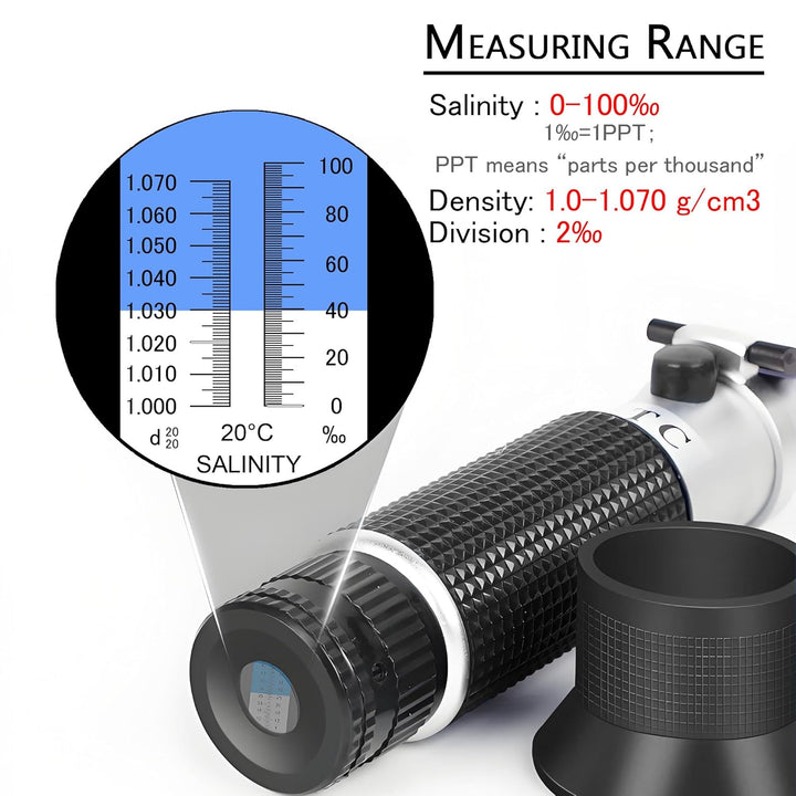 Seawater Salinity Refractometer, Automatic Temperature Compensation Sea Water Salinity Measurer for Aquarium, Hydrometer, 0-100Ppt & 1.000-1.070 Salinity Specific Gravity