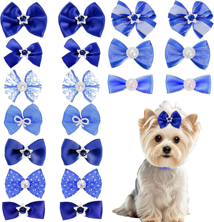 20 PCS Cute Dog Hair Bows with Rubber Bands Elastic Handmade Mix Style Lace Rhinestone Pearls for Furry Puppy Cat Pet Girl, Pink