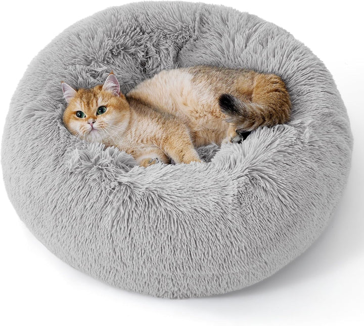 Calming Dog Bed Medium Size Dog - Donut Washable Medium Pet Bed, 30 Inches Anti-Slip round Fluffy Plush Faux Fur Cat Bed, Fits up to 45 Lbs Pets, Camel
