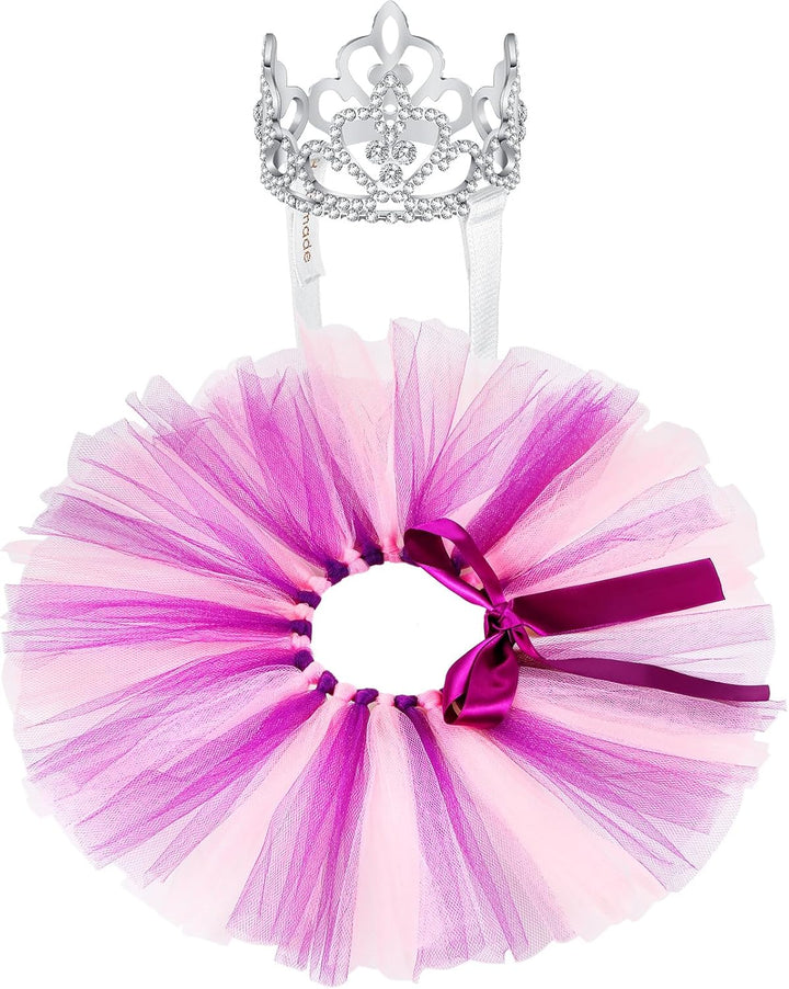 2 Pcs Dog Crown Headband Dog Tutu Dress Set Crystal Rhinestone Tiara Crown Tutu Skirt Pet Dress Costume for Puppy Birthday Party Wedding Photo Prop Costume(X-Large,Rose Red, White)