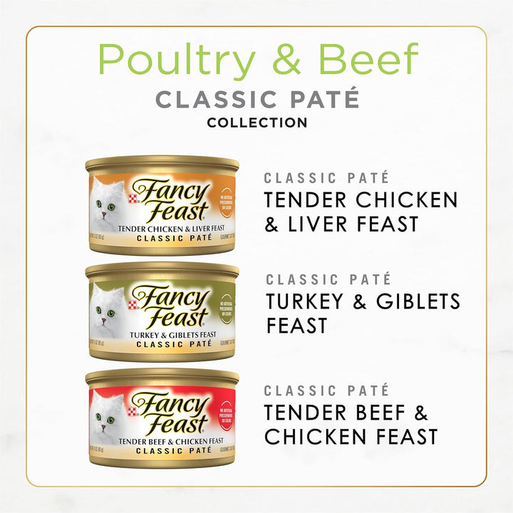 Poultry and Beef Feast Classic Pate Collection Grain Free Wet Cat Food Variety Pack - (Pack of 30) 3 Oz. Cans