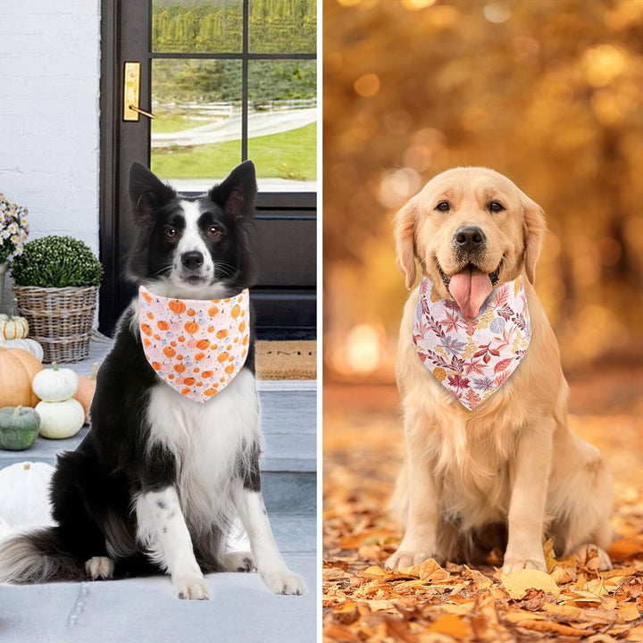 Fall Dog Bandanas 2Pcs-Large, Halloween Thanksgiving Pumpkin and Leaf Bibs Scarf, Reversible Buffalo Plaid Triangle Breed, Puppy Bandanas for Large Medium Girl Boy Dogs Pets Gift