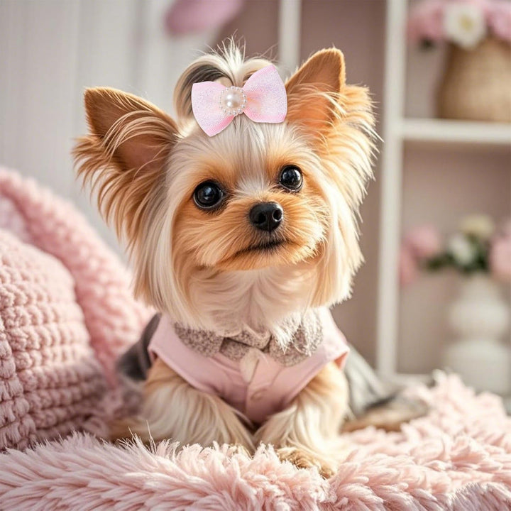 20 PCS Cute Dog Hair Bows with Rubber Bands Elastic Handmade Mix Style Lace Rhinestone Pearls for Furry Puppy Cat Pet Girl, Pink