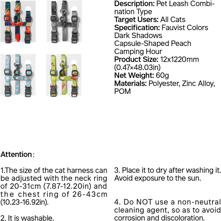 Cat Harness and Leash Set, Cats Escape Proof - Adjustable Kitten Harness for Large Small Cats, Lightweight Soft Walking Travel Petsafe Harness（(Multicolor-M Size）