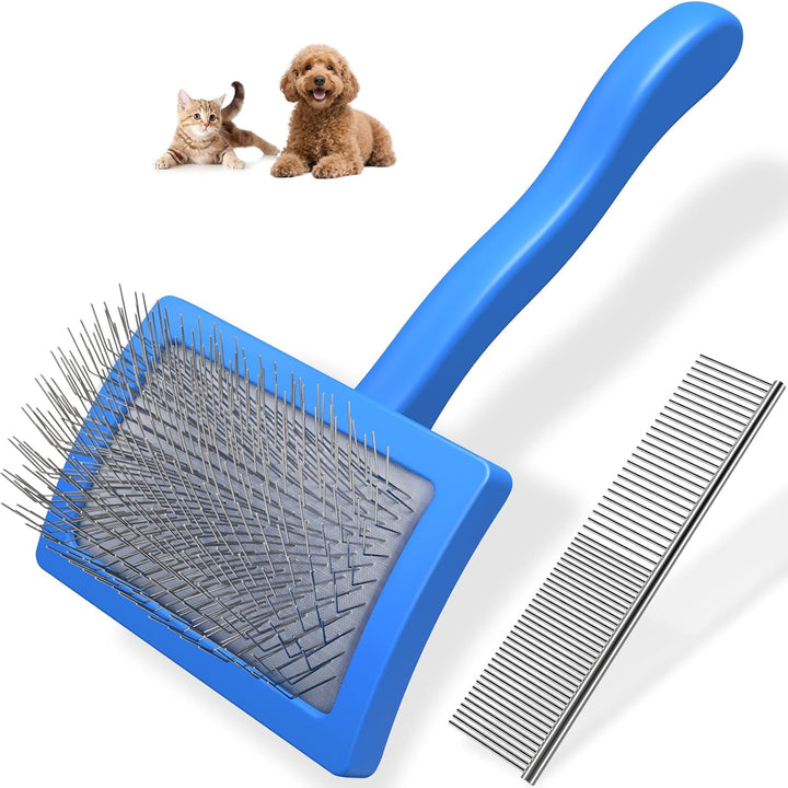 2PCS Slicker Brush for Dogs & Pet Comb,Professional Dog Grooming Brush (Goldendoodles,Poodles,Labradoodles) with Extra Long Pins to Effectively Remove Tangles, Knots and Mats (Blue Large)
