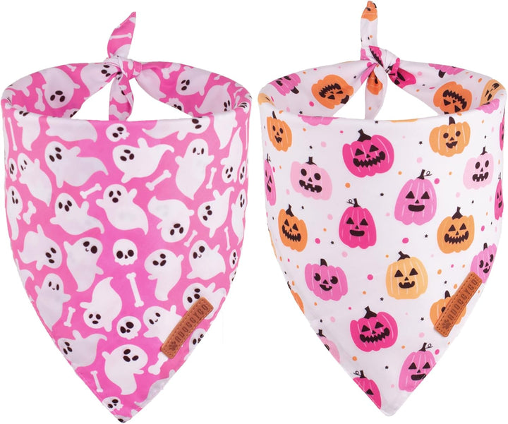 Halloween Dog Bandana, Pink Pumpkin Ghost Pet Scarf, Premium Durable Fabric, Adjustable Fit Female Halloween Bandanas for Medium Large Dogs Pets (Large)