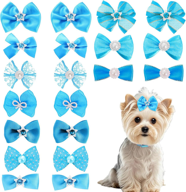 20 PCS Cute Dog Hair Bows with Rubber Bands Elastic Handmade Mix Style Lace Rhinestone Pearls for Furry Puppy Cat Pet Girl, Pink