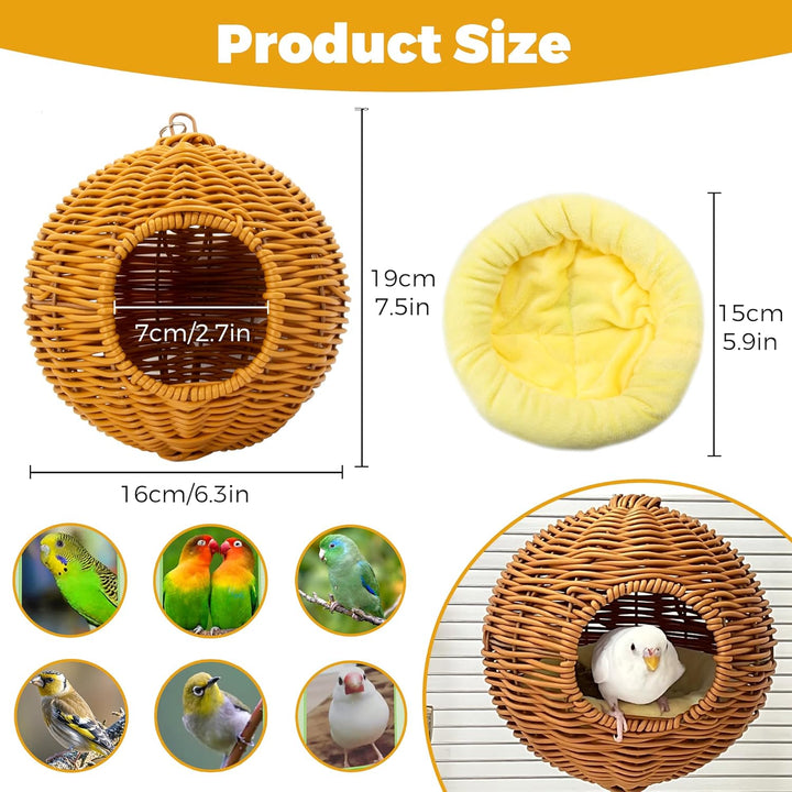 Chewproof Steel Frame Bird Nest for Cage, Washable Small Bird Bed Hammock Hideout Lay Eggs Parakeet Nest Sleep, Parakeet Warm Bed House Hut for Lovebird, Canary, Budgie, Finch (Brown)