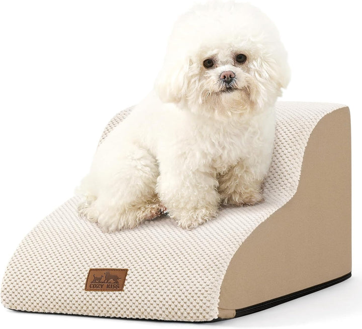 Dog Stairs for Small Dogs 15.7" H, Curved Dog Step for Puppy, Older Cat, Medium Pet Ramp for Sofa, Couch or Chair, Ladder with High Density Foam, 15.7X22.4X15.7 Inch, 3 Step, Beige