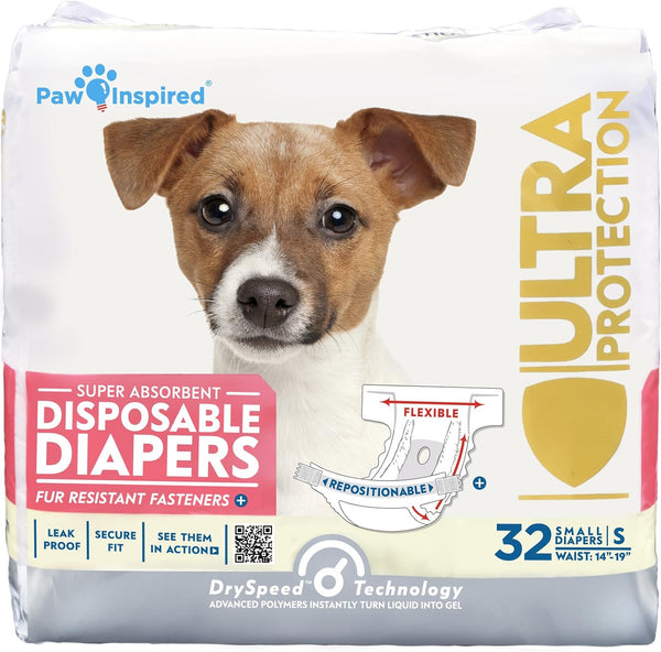 32Ct Disposable Dog Diapers | Female Dog Diapers Ultra Protection | Diapers for Dogs in Heat, Excitable Urination, or Incontinence (Small)