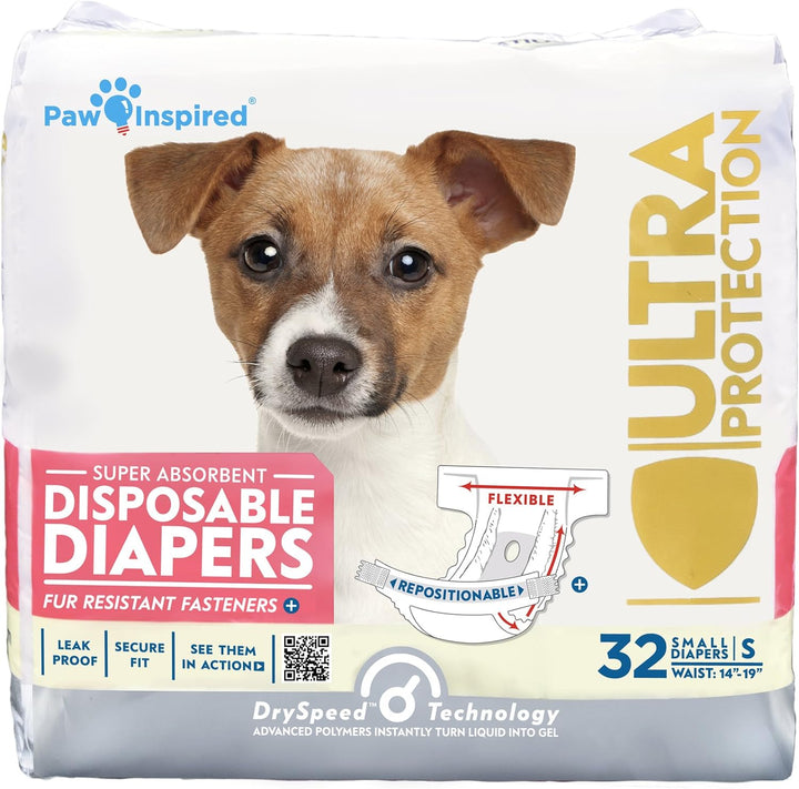 32Ct Disposable Dog Diapers | Female Dog Diapers Ultra Protection | Diapers for Dogs in Heat, Excitable Urination, or Incontinence (Small)