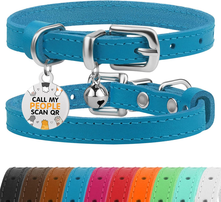 Leather Cat Collar with Removable Bells Non Breakaway Kitten QR Tag for Girl Boy (7" - 9" for Cats, Black & Gold)