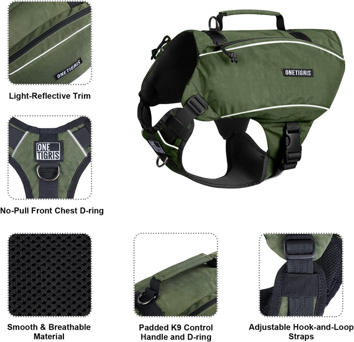 Y-Shaped Dog Backpack with Handle, Pockets & No Pull D-Rings, Lightweight Hiking Gear for Dogs Hunting Camping Travel (Medium, Green)