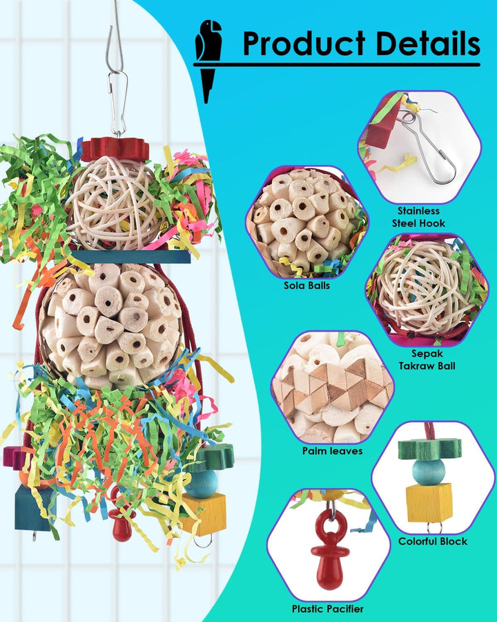 2PCS Bird Parrot Foraging Shredder Hanging Toys Sola Balls Sepak Takraw with Pacifier for Small Parrots Parakeets Conures Cockatiels Love Birds Cage Toy