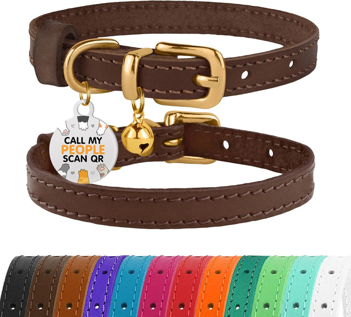 Leather Cat Collar with Removable Bells Non Breakaway Kitten QR Tag for Girl Boy (7" - 9" for Cats, Black & Gold)