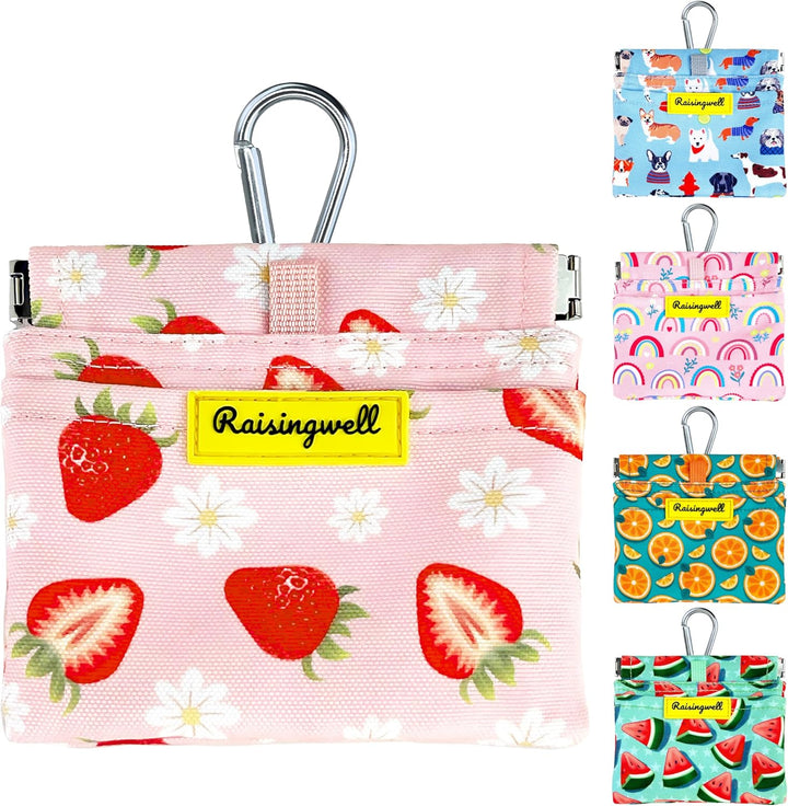 Dog Treat Pouch, Green Pocket Sized Pet Training Pouch, Cotton Fabric, Hand Free Dog Walking Bag with Carabiner, Self-Closing Pet Feed Snack Reward, for Puppy Travel or Outdoor Use