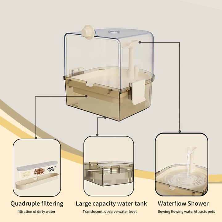 Automatic Bird Baths for Cage – Indoor Parakeet Bath with Pump, Bird Shower with 2 Modes Running Water, Bird Cage Accessory for Pet Birds Conure Budgies Cockatiels Lovebird (Light Brown)