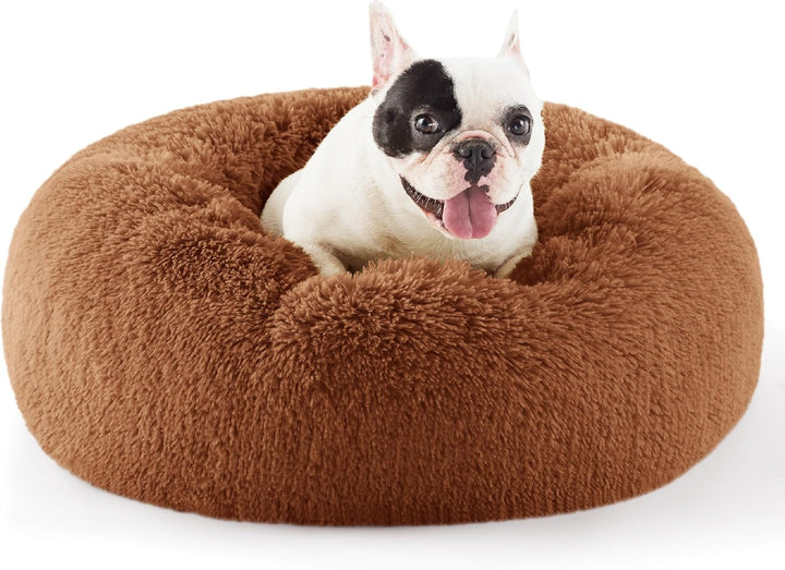 Calming Dog Bed Medium Size Dog - Donut Washable Medium Pet Bed, 30 Inches Anti-Slip round Fluffy Plush Faux Fur Cat Bed, Fits up to 45 Lbs Pets, Camel