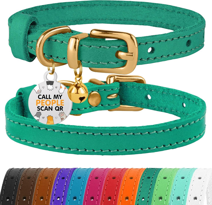 Leather Cat Collar with Removable Bells Non Breakaway Kitten QR Tag for Girl Boy (7" - 9" for Cats, Black & Gold)