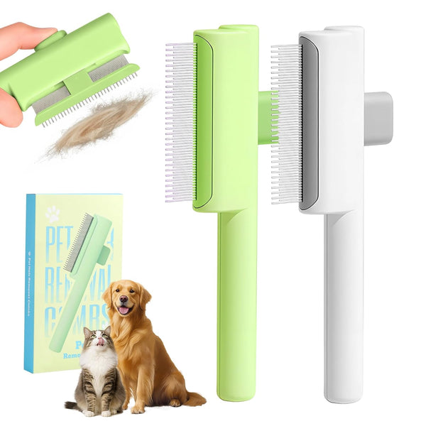 2 Pack Flea Comb for Cat Dog, 2025 Upgraded Pet Hair Removal Comb with Release Button,Self-Cleaning Pet Grooming Brush for Shedding, Massaging, Short & Long Hair (White+Green)
