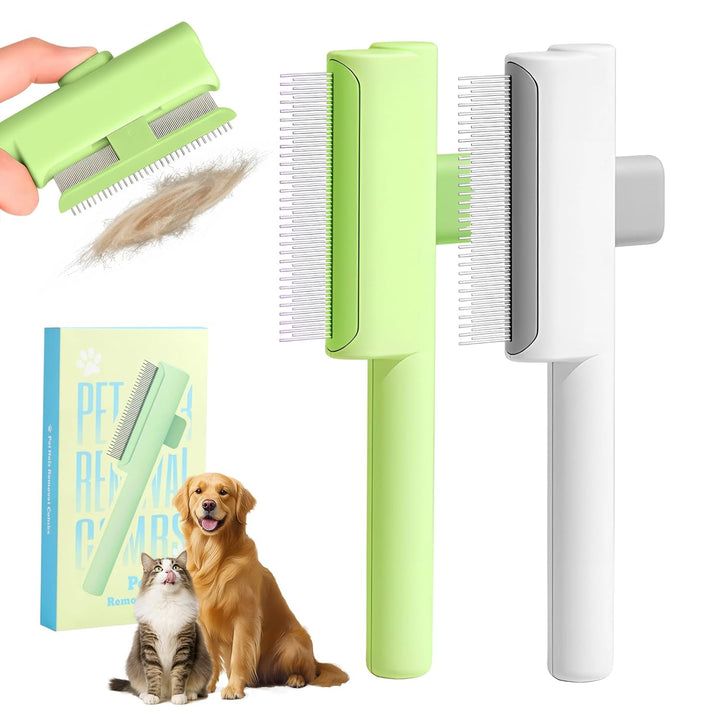 2 Pack Flea Comb for Cat Dog, 2025 Upgraded Pet Hair Removal Comb with Release Button,Self-Cleaning Pet Grooming Brush for Shedding, Massaging, Short & Long Hair (White+Green)