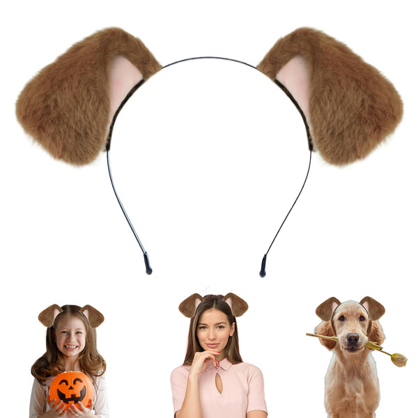 Dog Ears Golden Movable, Realistic Animals Ears Headband Brown, Fluffy Cat Bunny Bear Costume Halloween Christmas for Washing Makeup Cosplay Birthday Party