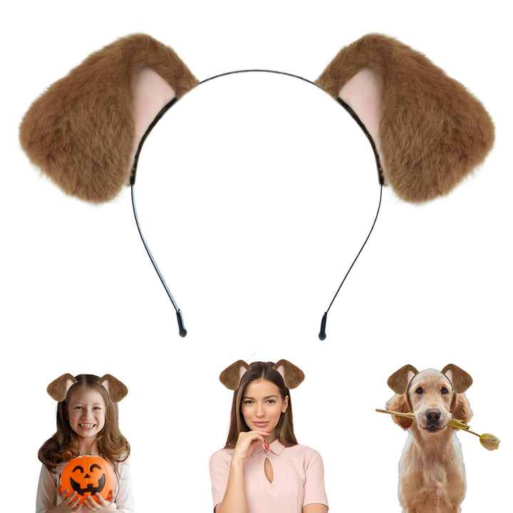 Dog Ears Golden Movable, Realistic Animals Ears Headband Brown, Fluffy Cat Bunny Bear Costume Halloween Christmas for Washing Makeup Cosplay Birthday Party