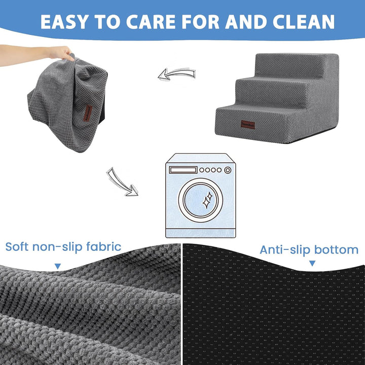 Dog Stairs for Small Dogs & Cats, 3-Step Non-Slip Pet Steps for Couch Sofa and Chair, Grey, 13.6" H