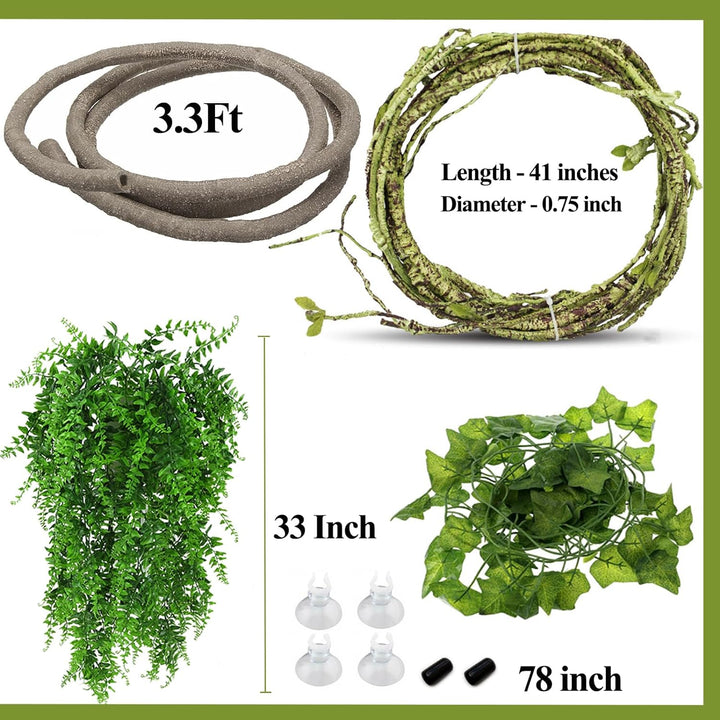 Reptile Vines, Flexible Jungle Climbing Vines Terrarium Plastic Plants and Leaves Tank Accessories Decor for Gecko Snake Lizard Bearded Dragon Hermit Crab Frog