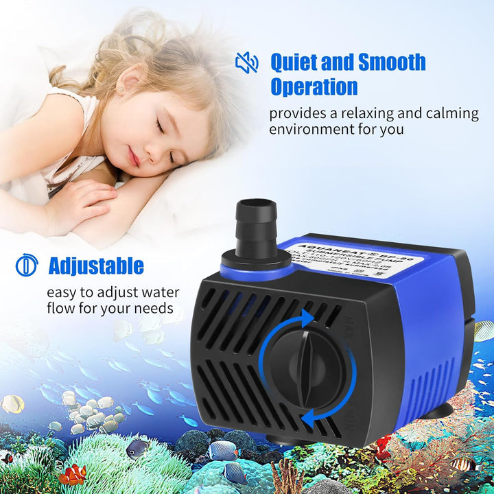 Small Fountain Pump, 80 GPH Mini Submersible Water Pump with 3.3 Ft Tubing, for Aquarium Fish Tank, Pet Water Fountain, Hydroponics, Pond Waterfall